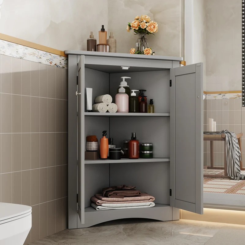 Meuble d’angle gris laqué 2 portes 3 niveaux 61,5x90cm LUNAUS