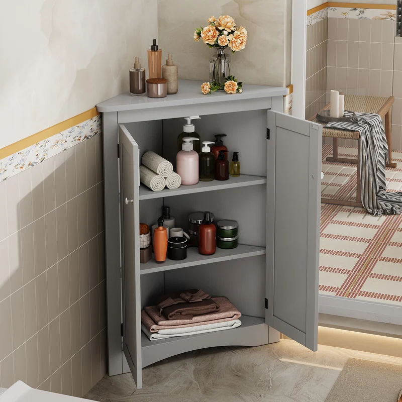 Meuble d’angle gris laqué 2 portes 3 niveaux 61,5x90cm LUNAUS