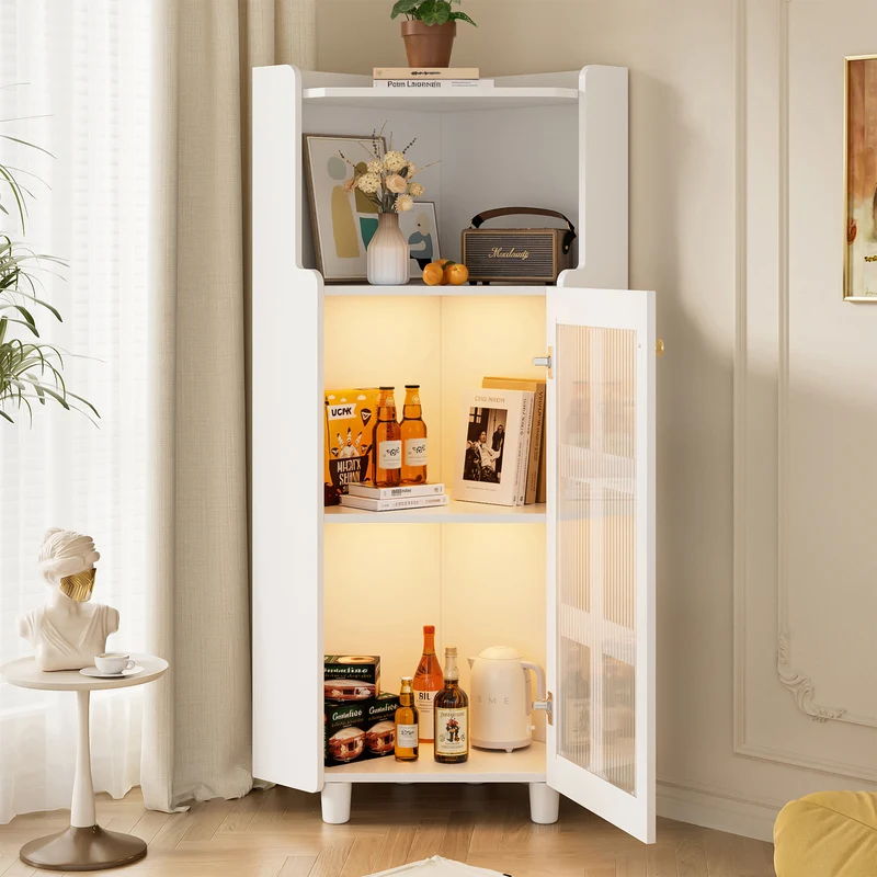 Meuble d’angle blanc laqué niche haute et verre cannelé avec éclairage LED 63,5x124cm VIGOURAS