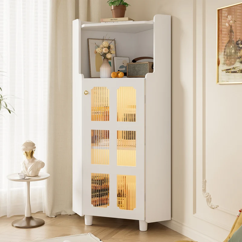 Meuble d’angle blanc laqué niche haute et verre cannelé avec éclairage LED 63,5x124cm VIGOURAS