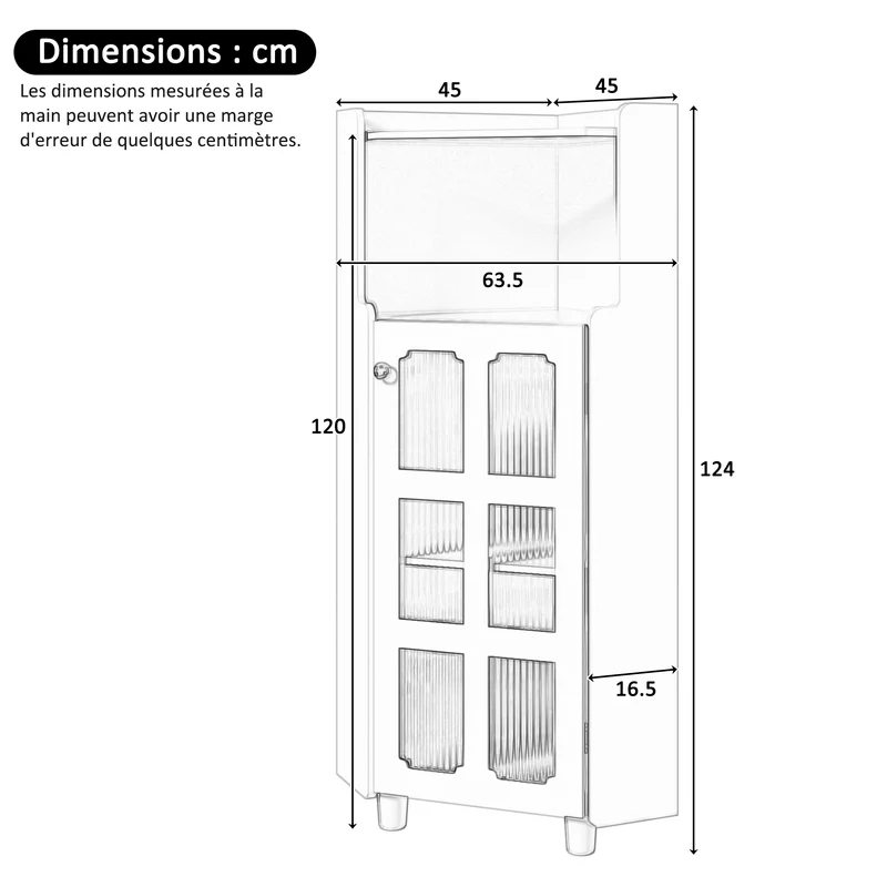 Meuble d’angle blanc laqué niche haute et verre cannelé avec éclairage LED 63,5x124cm VIGOURAS