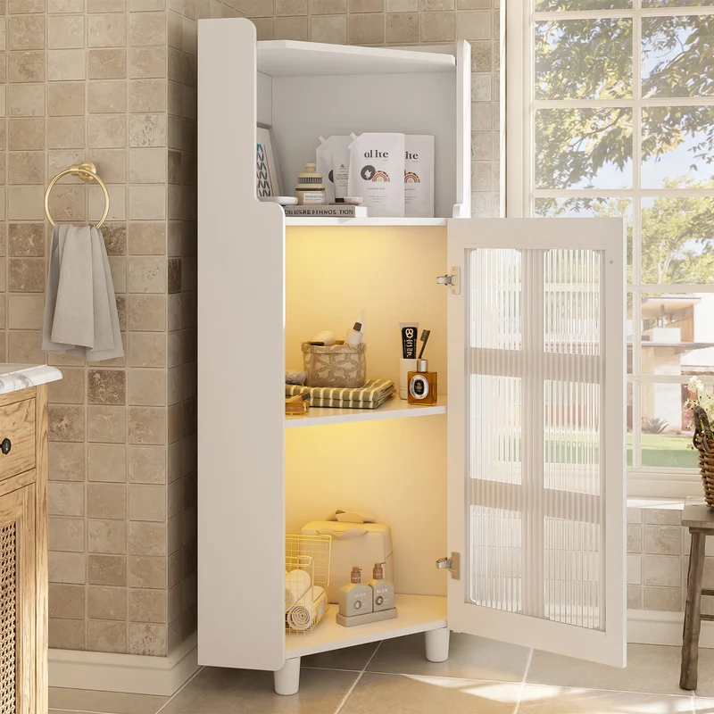 Meuble d’angle blanc laqué niche haute et verre cannelé avec éclairage LED 63,5x124cm VIGOURAS