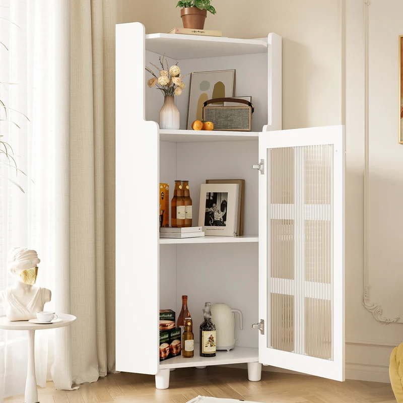 Meuble d’angle blanc laqué niche haute et verre cannelé avec éclairage LED 63,5x124cm VIGOURAS