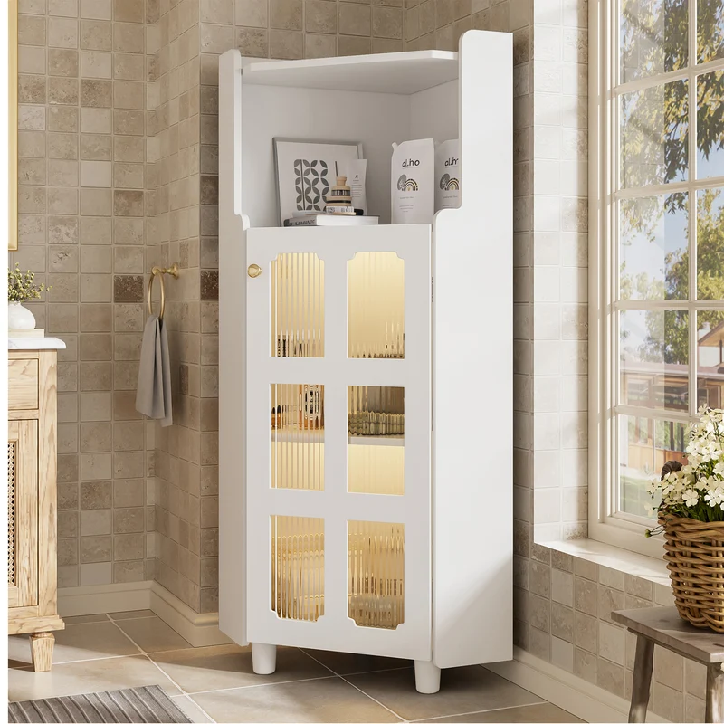 Meuble d’angle blanc laqué niche haute et verre cannelé avec éclairage LED 63,5x124cm VIGOURAS