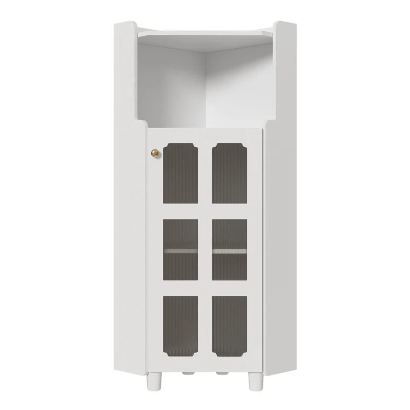 Meuble d’angle blanc laqué niche haute et verre cannelé avec éclairage LED 63,5x124cm VIGOURAS