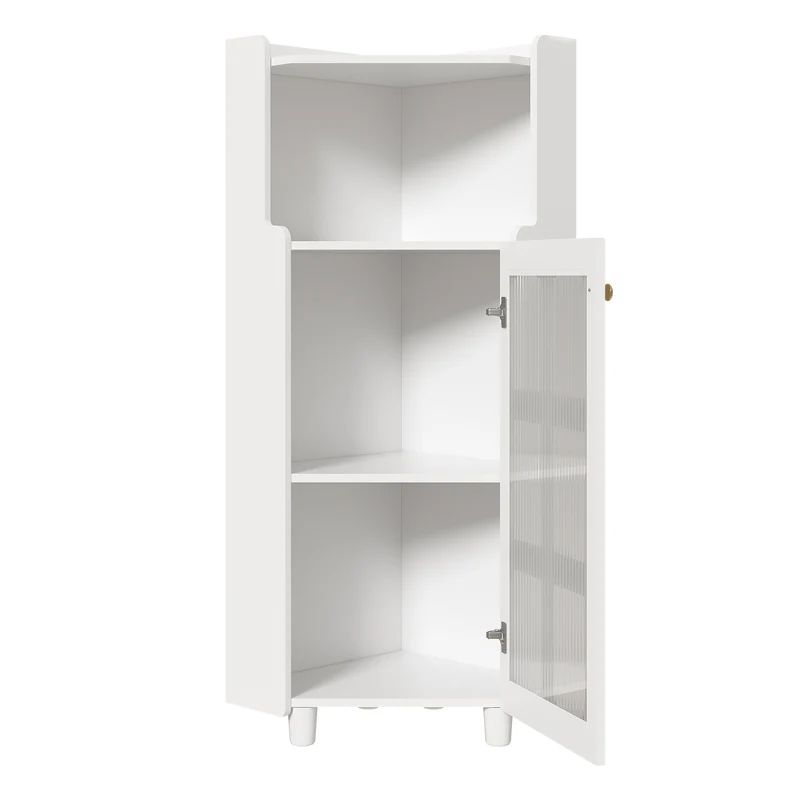 Meuble d’angle blanc laqué niche haute et verre cannelé avec éclairage LED 63,5x124cm VIGOURAS