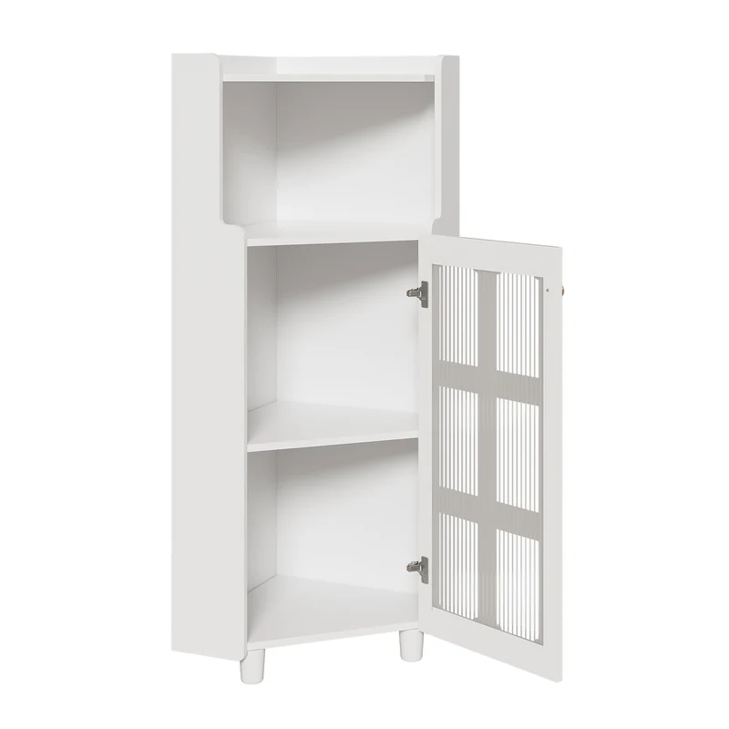 Meuble d’angle blanc laqué niche haute et verre cannelé avec éclairage LED 63,5x124cm VIGOURAS