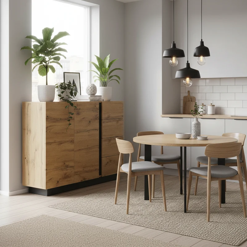 Buffet effet bois 2 portes 4 tiroirs 120x35,5x90,5 cm SOLSTICELRE