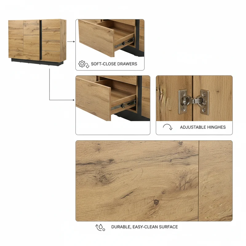 Buffet effet bois 2 portes 4 tiroirs 120x35,5x90,5 cm SOLSTICELRE