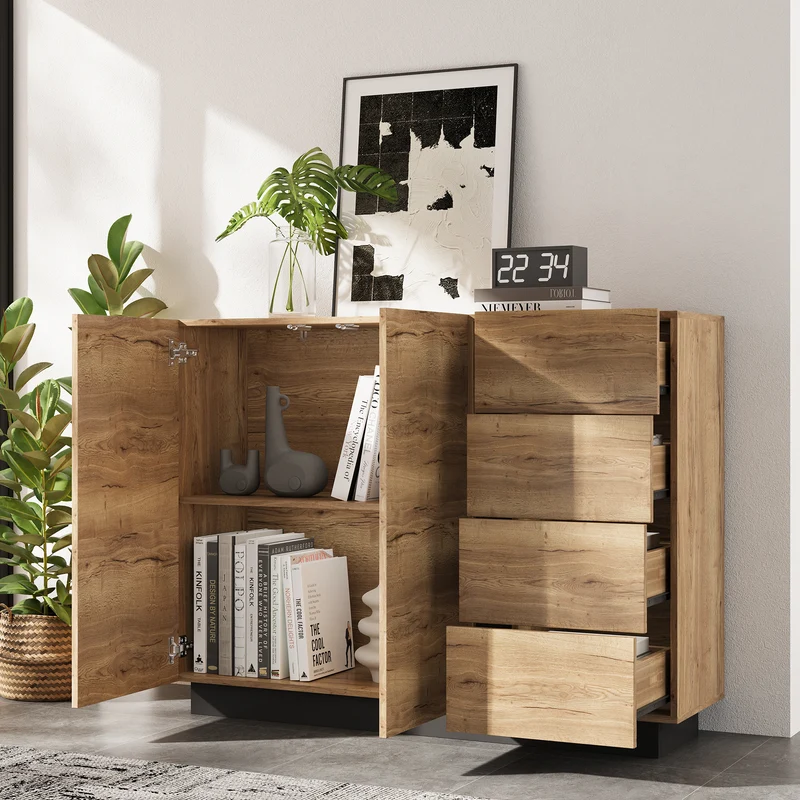 Buffet effet bois 2 portes 4 tiroirs 120x35,5x90,5 cm SOLSTICELRE