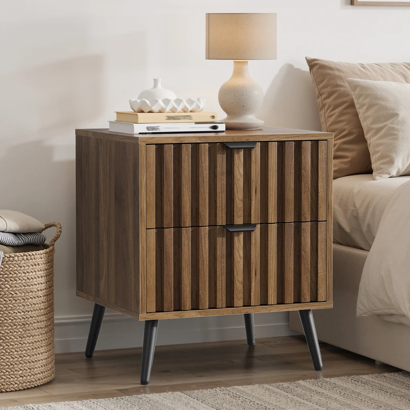 Table de chevet effet noyer 2 tiroirs sculptées 45x40x53cm FOCUSLS