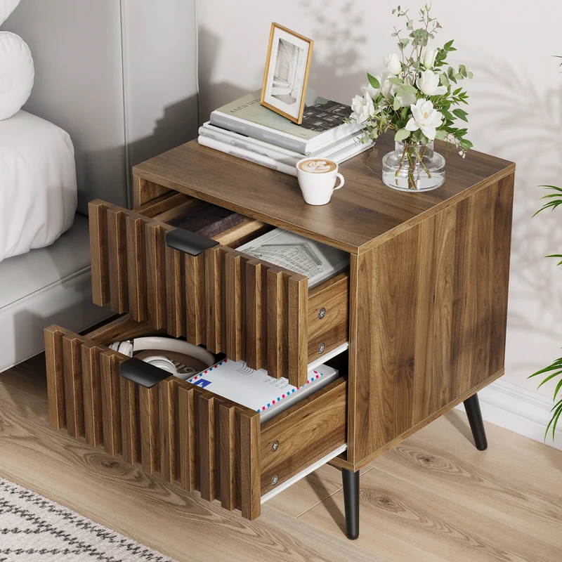 Table de chevet effet noyer 2 tiroirs sculptées 45x40x53cm FOCUSLS
