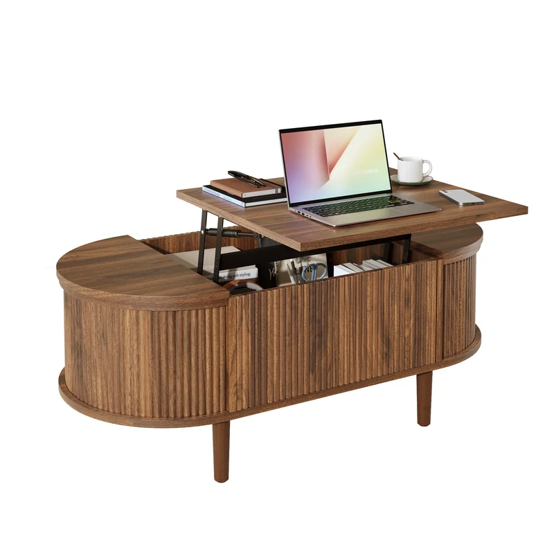 Table basse ovale rélevable effet noyer vintage 2 portes 100x48cm FLAREARAA