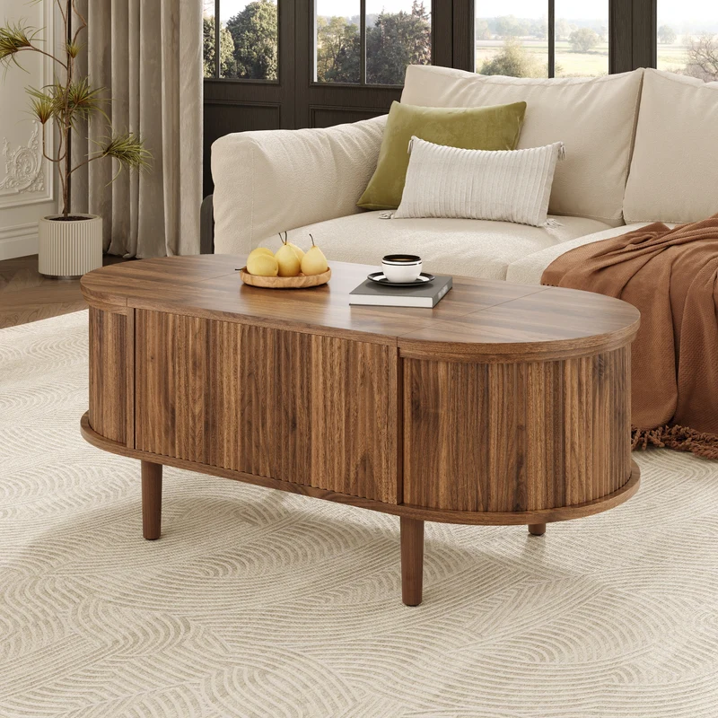 Table basse ovale rélevable effet noyer vintage 2 portes 100x48cm FLAREARAA