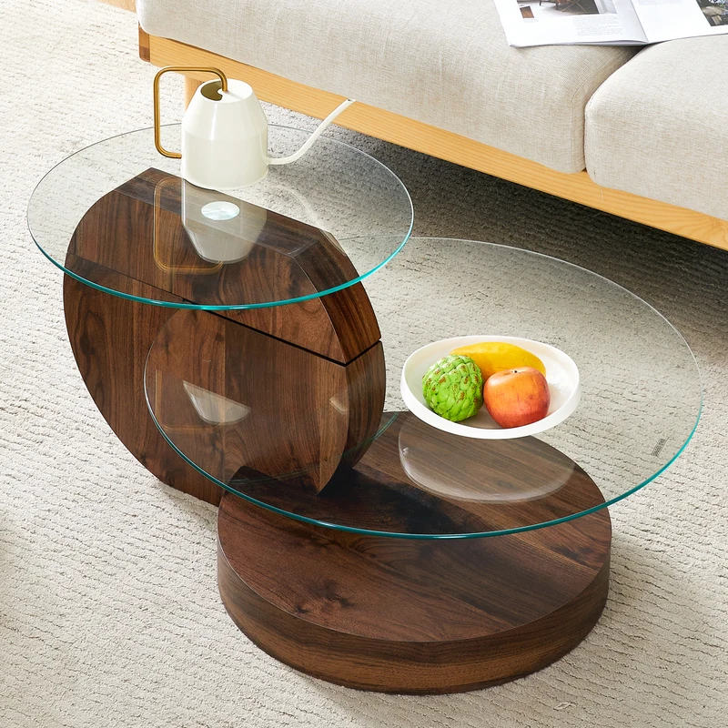 Table basse minimaliste effet noyer 2 verres trempés 90x70x44cm QUANTALAL