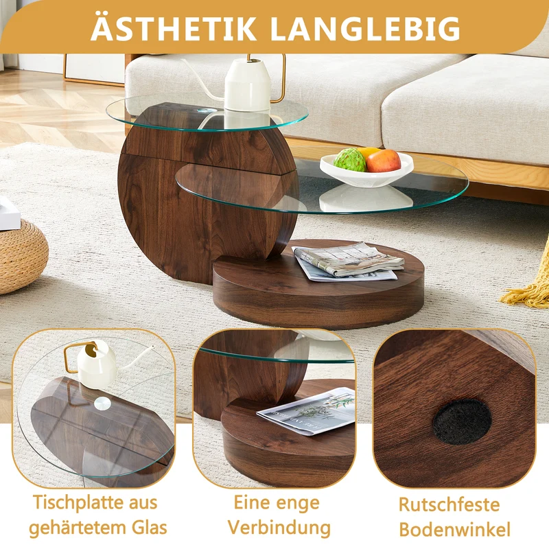 Table basse minimaliste effet noyer 2 verres trempés 90x70x44cm QUANTALAL