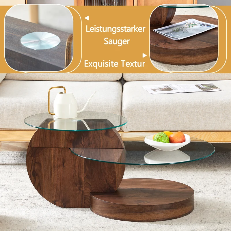 Table basse minimaliste effet noyer 2 verres trempés 90x70x44cm QUANTALAL