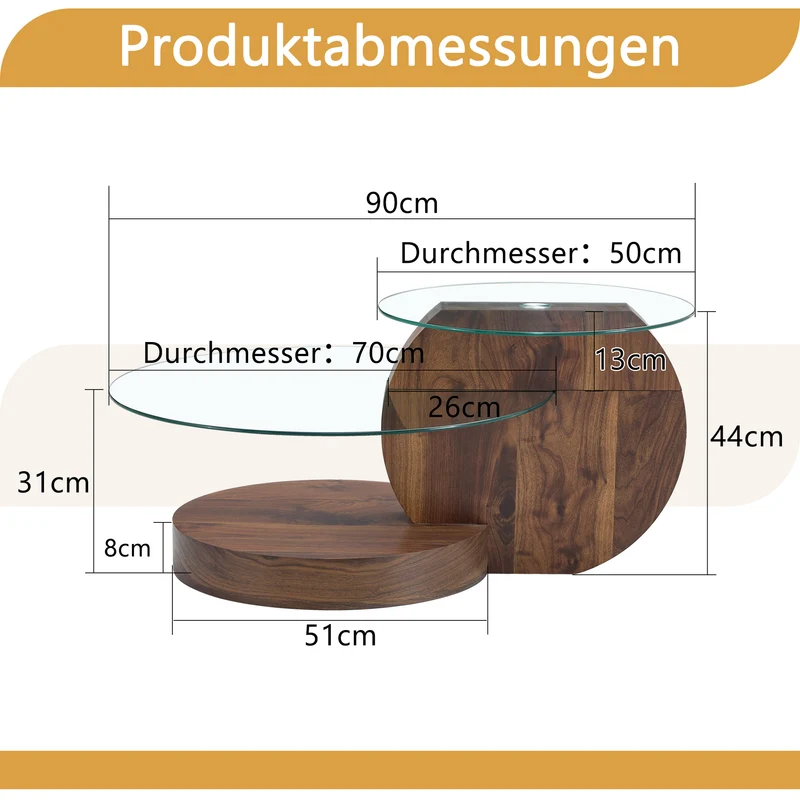 Table basse minimaliste effet noyer 2 verres trempés 90x70x44cm QUANTALAL