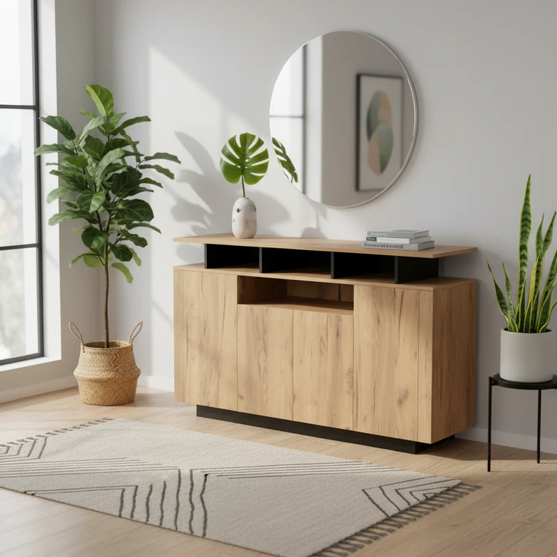 Buffet effet bois naturel 4 niches ouverts 4 portes 140x40x85cm TERRALCA