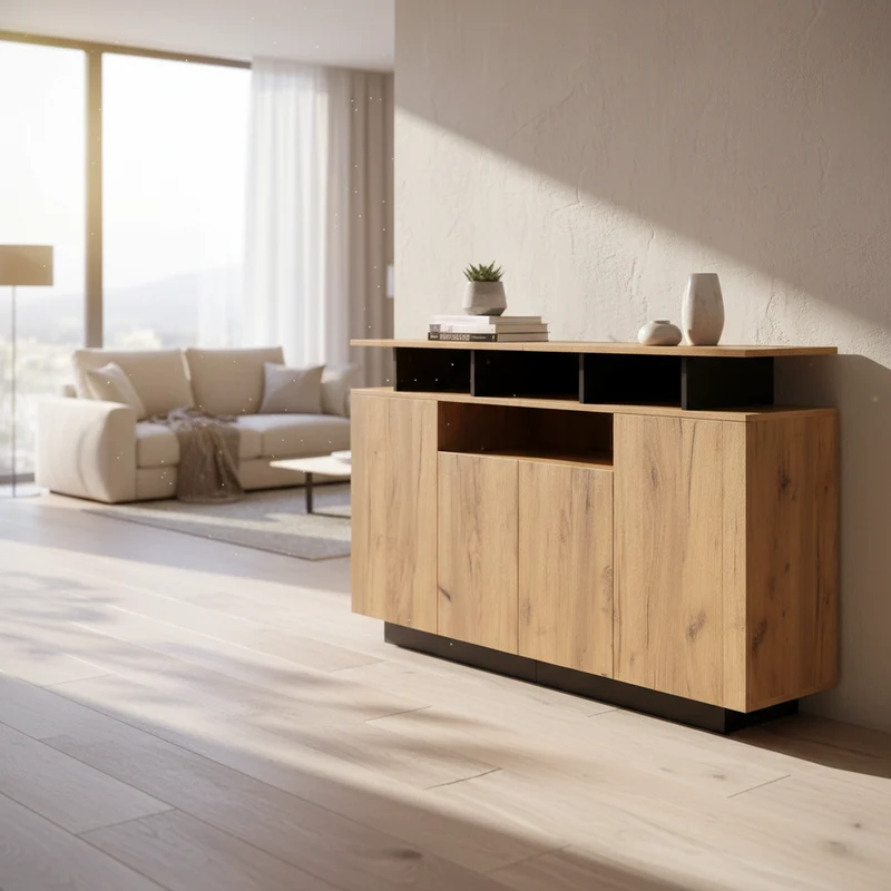 Buffet effet bois naturel 4 niches ouverts 4 portes 140x40x85cm TERRALCA