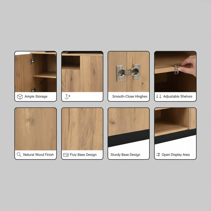 Buffet effet bois naturel 4 niches ouverts 4 portes 140x40x85cm TERRALCA