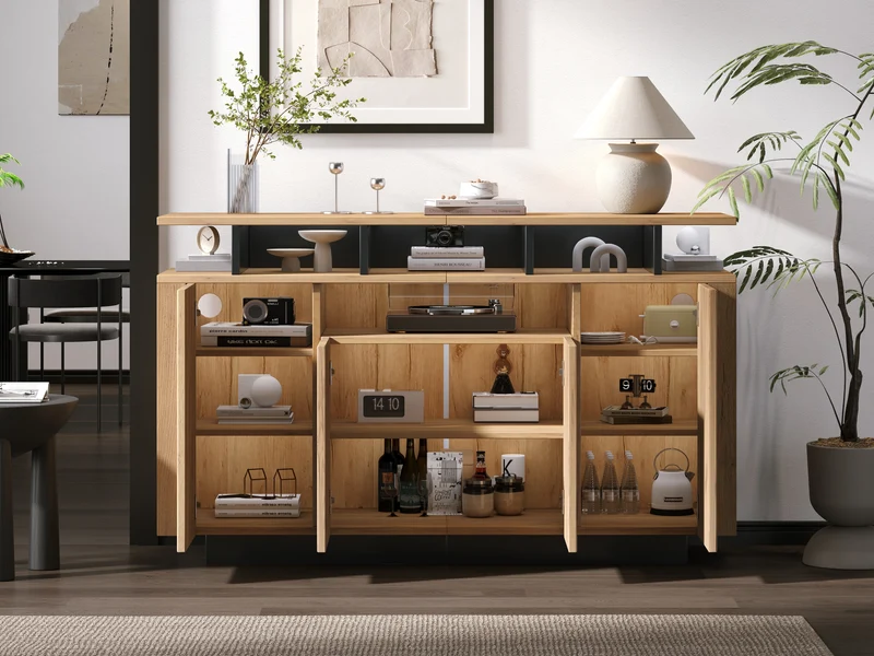 Buffet effet bois naturel 4 niches ouverts 4 portes 140x40x85cm TERRALCA