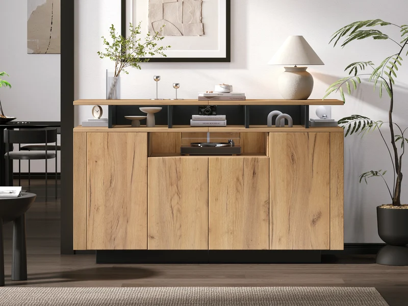 Buffet effet bois naturel 4 niches ouverts 4 portes 140x40x85cm TERRALCA