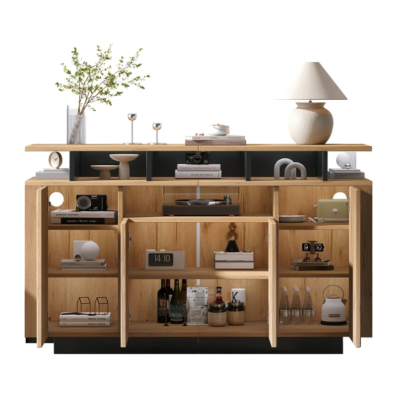 Buffet effet bois naturel 4 niches ouverts 4 portes 140x40x85cm TERRALCA