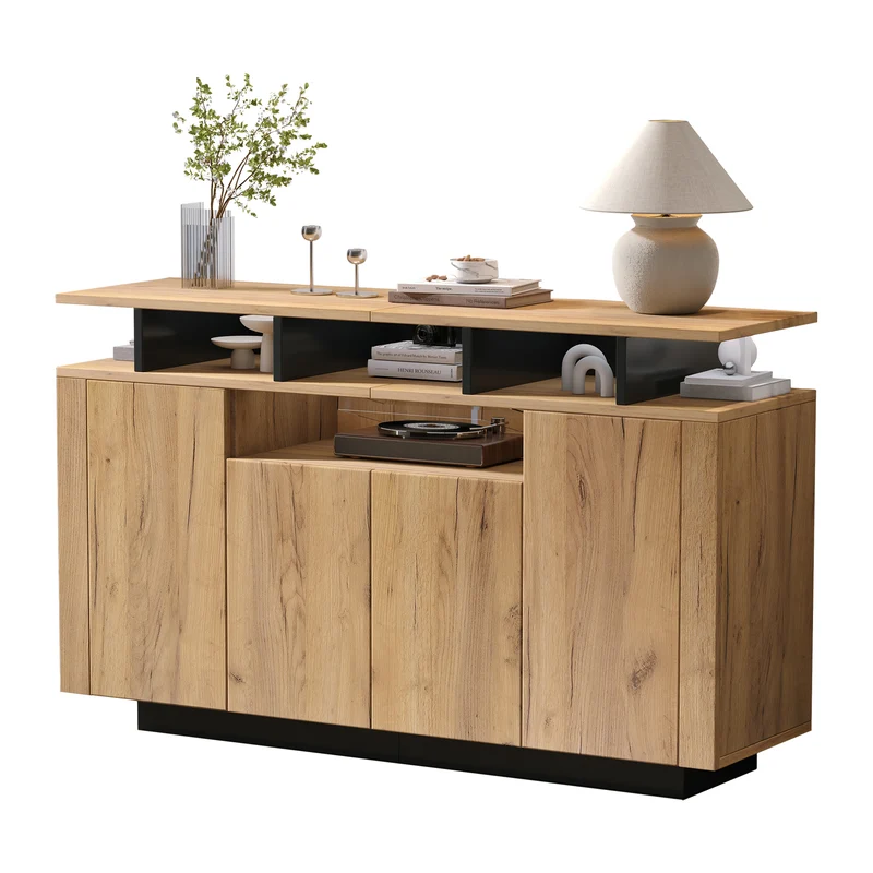 Buffet effet bois naturel 4 niches ouverts 4 portes 140x40x85cm TERRALCA