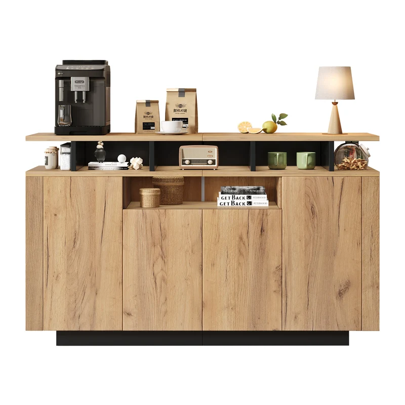 Buffet effet bois naturel 4 niches ouverts 4 portes 140x40x85cm TERRALCA