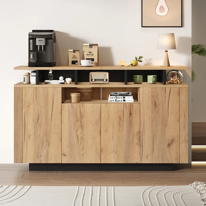 Buffet effet bois naturel 4 niches ouverts 4 portes 140x40x85cm TERRALCA