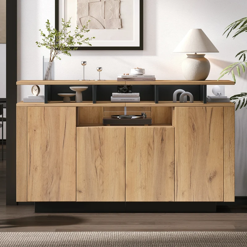 Buffet effet bois naturel 4 niches ouverts 4 portes 140x40x85cm TERRALCA