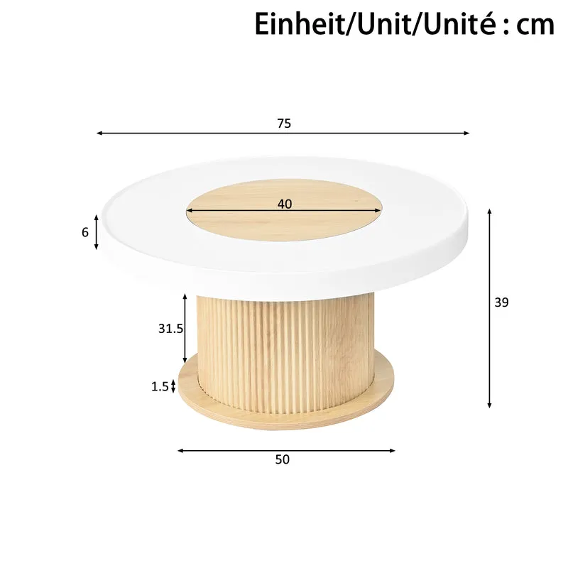 Table basse ronde bicolore blanc effet bois, pied cylindrique à rainures verticales 75x75x39cm MODERNFRAMEART