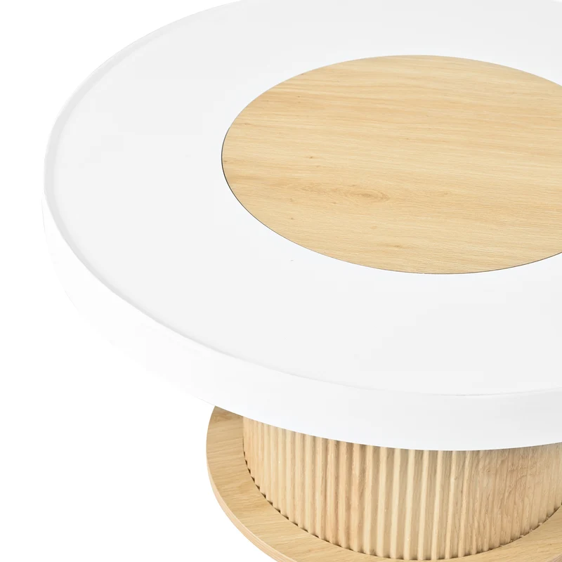 Table basse ronde bicolore blanc effet bois, pied cylindrique à rainures verticales 75x75x39cm MODERNFRAMEART
