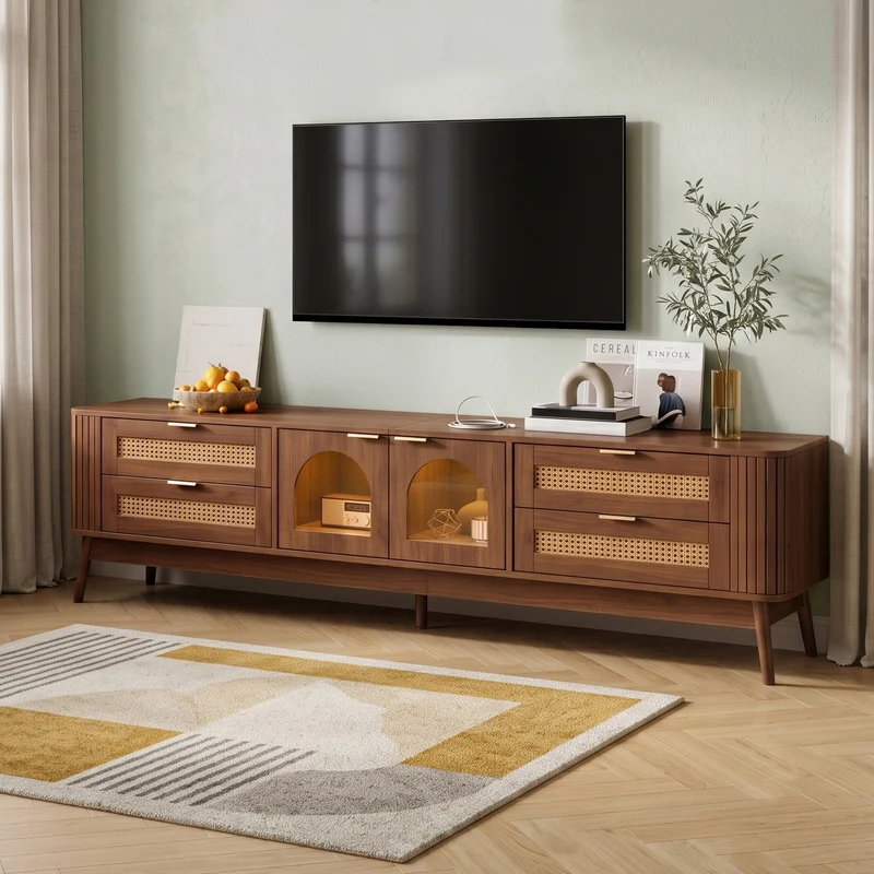 Meuble TV effet noyer avec portes en verre courbé, éclairage LED contrôlable et 4 tiroirs MODERNCHESTSET