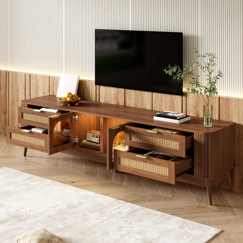 Meuble TV effet noyer avec portes en verre courbé, éclairage LED contrôlable et 4 tiroirs MODERNCHESTSET