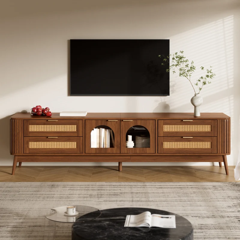 Meuble TV effet noyer avec portes en verre courbé, éclairage LED contrôlable et 4 tiroirs MODERNCHESTSET
