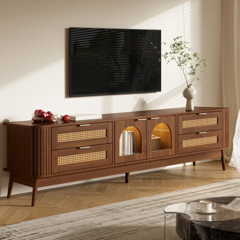Meuble TV effet noyer avec portes en verre courbé, éclairage LED contrôlable et 4 tiroirs MODERNCHESTSET
