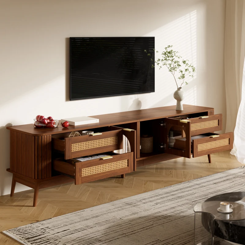 Meuble TV effet noyer avec portes en verre courbé, éclairage LED contrôlable et 4 tiroirs MODERNCHESTSET