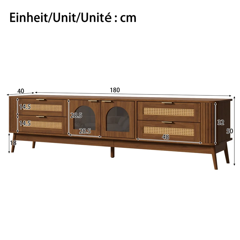Meuble TV effet noyer avec portes en verre courbé, éclairage LED contrôlable et 4 tiroirs MODERNCHESTSET