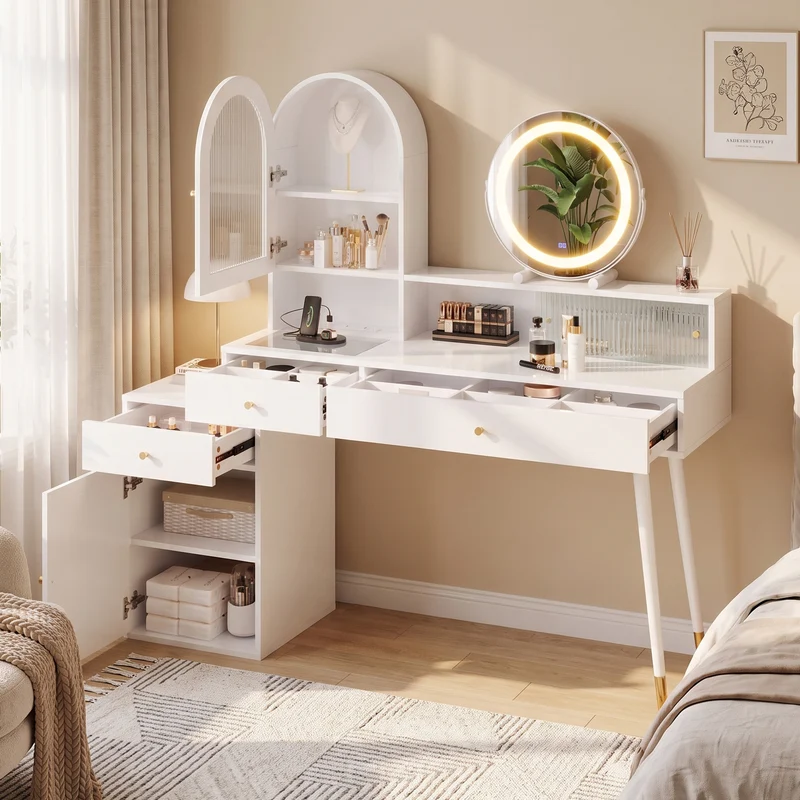 Coiffeuse blanche extensible en L avec miroir LED ajustable, prises USB et Type-C, rangement optimisé 140x40x140cm MODERNNIGHTSTANDHOME