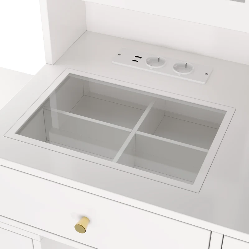 Coiffeuse blanche extensible en L avec miroir LED ajustable, prises USB et Type-C, rangement optimisé 140x40x140cm MODERNNIGHTSTANDHOME