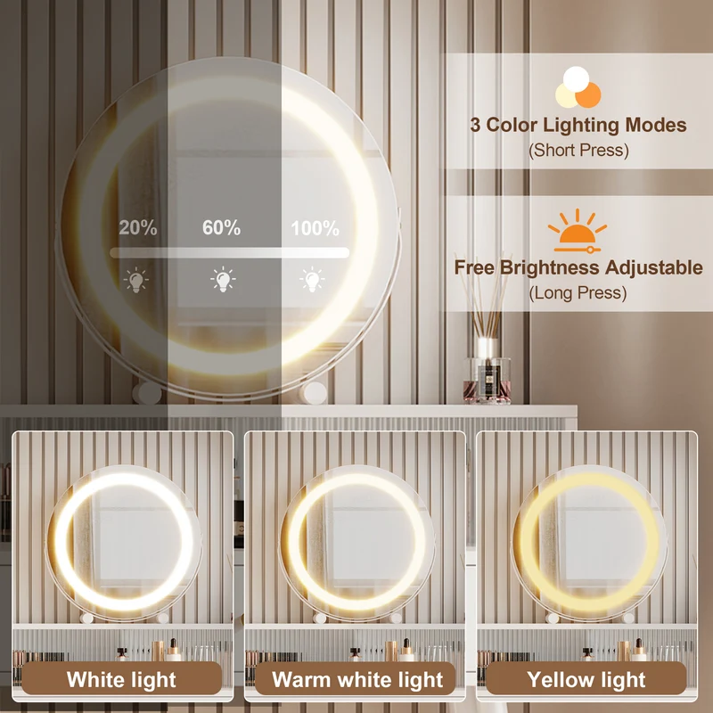 Coiffeuse blanche extensible en L avec miroir LED ajustable, prises USB et Type-C, rangement optimisé 140x40x140cm MODERNNIGHTSTANDHOME