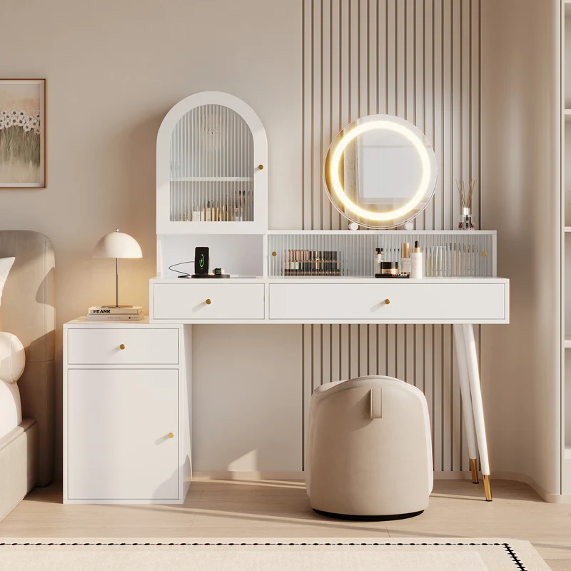 Coiffeuse blanche extensible en L avec miroir LED ajustable, prises USB et Type-C, rangement optimisé 140x40x140cm MODERNNIGHTSTANDHOME