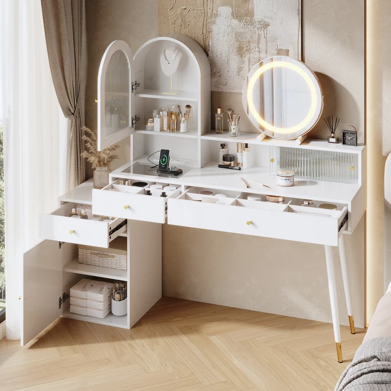 Coiffeuse blanche extensible en L avec miroir LED ajustable, prises USB et Type-C, rangement optimisé 140x40x140cm MODERNNIGHTSTANDHOME