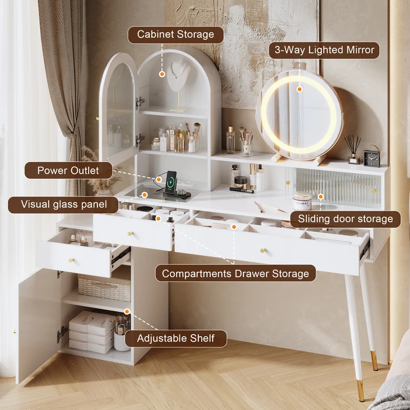 Coiffeuse blanche extensible en L avec miroir LED ajustable, prises USB et Type-C, rangement optimisé 140x40x140cm MODERNNIGHTSTANDHOME