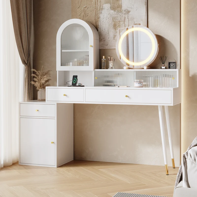 Coiffeuse blanche extensible en L avec miroir LED ajustable, prises USB et Type-C, rangement optimisé 140x40x140cm MODERNNIGHTSTANDHOME