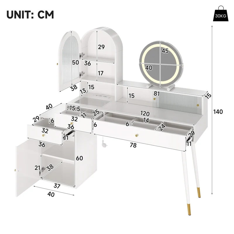 Coiffeuse blanche extensible en L avec miroir LED ajustable, prises USB et Type-C, rangement optimisé 140x40x140cm MODERNNIGHTSTANDHOME