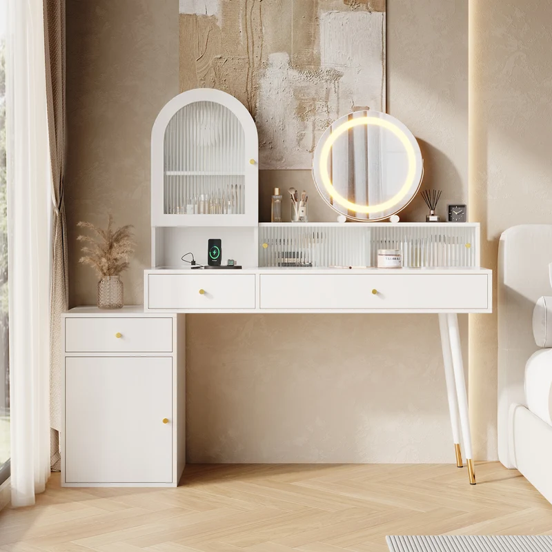 Coiffeuse blanche extensible en L avec miroir LED ajustable, prises USB et Type-C, rangement optimisé 140x40x140cm MODERNNIGHTSTANDHOME