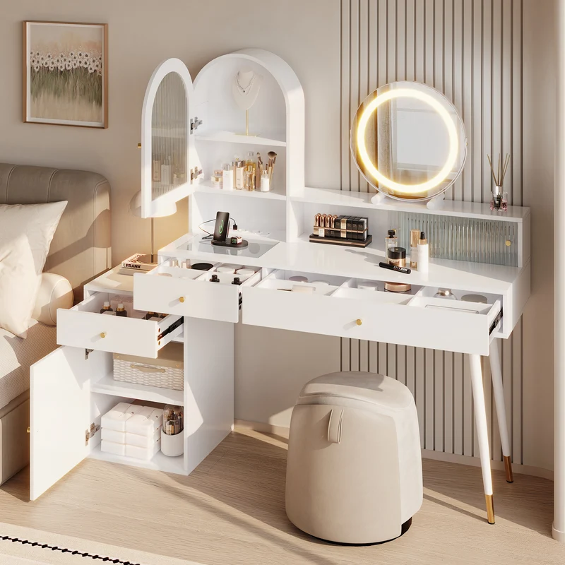Coiffeuse blanche extensible en L avec miroir LED ajustable, prises USB et Type-C, rangement optimisé 140x40x140cm MODERNNIGHTSTANDHOME